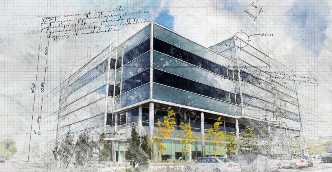 A digitally enhanced architectural rendering of a modern office building, combining realistic imagery with sketch elements, handwritten notes, and measurement lines, symbolizing the design and planning process.