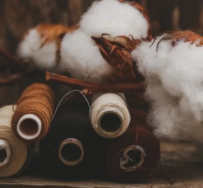 Spools of thread in various colors alongside cotton bolls.
