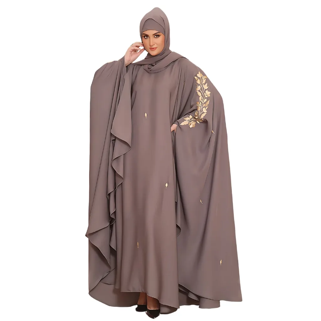 "Stylish kaftan abaya in soft pastel colors, featuring elegant beadwork and wide sleeves"