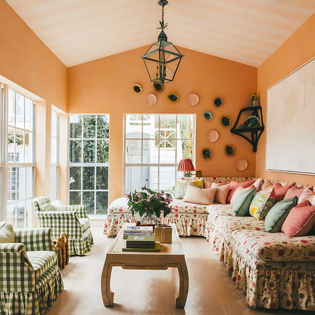A cozy, brightly lit living room with peach-colored walls, large windows allowing natural light, and a ceiling lantern. The room features a floral-patterned sectional sofa with pastel and pink cushions, a wooden coffee table topped with books and a plant, and two cushioned armchairs with green gingham upholstery.