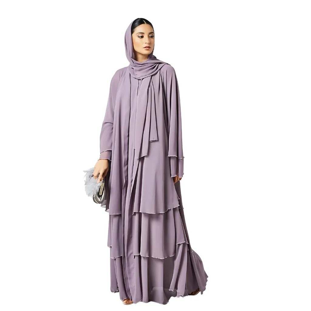 "Stylish layered abaya featuring cascading tiers in soft, flowing fabric, adorned with subtle embroidery and a relaxed fit."