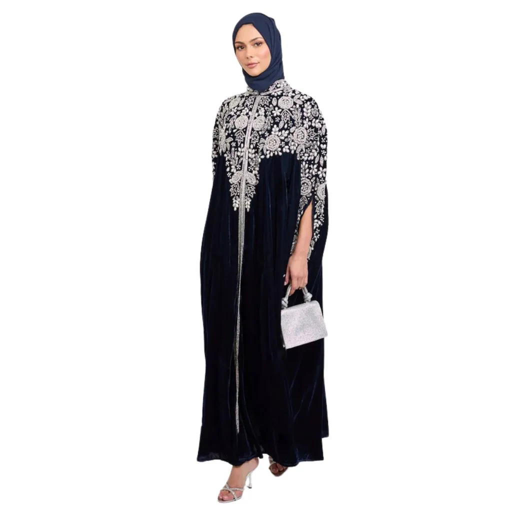 "Exquisite luxury abaya adorned with intricate embellishments, rich fabrics, and a tailored silhouette, perfect for glamorous occasions."