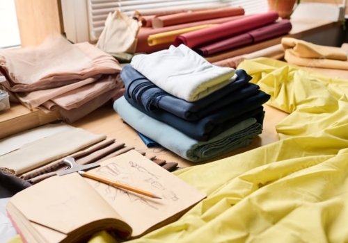 A table cluttered with folded fabrics in various colors (including navy, white, and yellow), rolls of fabric, and a sketchbook with a pencil, illustrating a workspace dedicated to loungewear design.