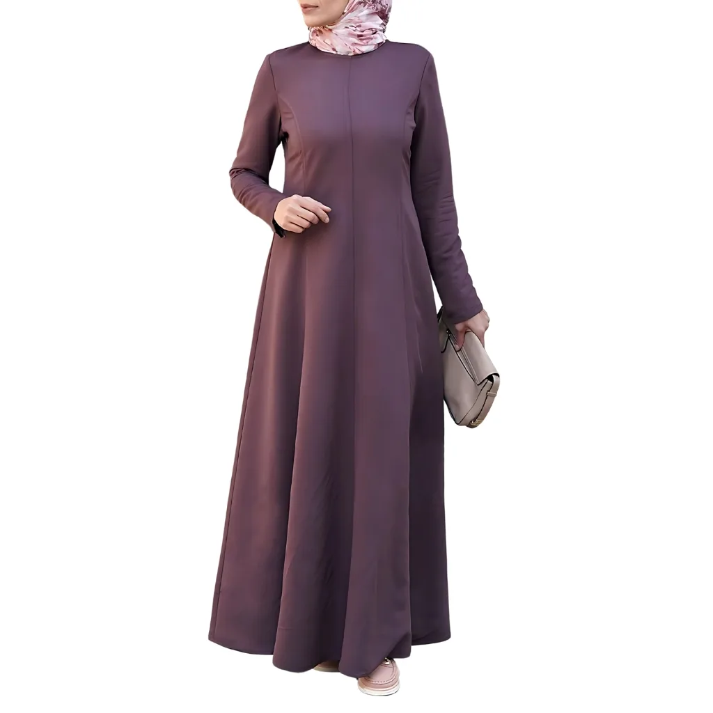 "Sleek minimalist abaya in a neutral tone, featuring clean lines, a simple silhouette, and high-quality fabric for a timeless look."