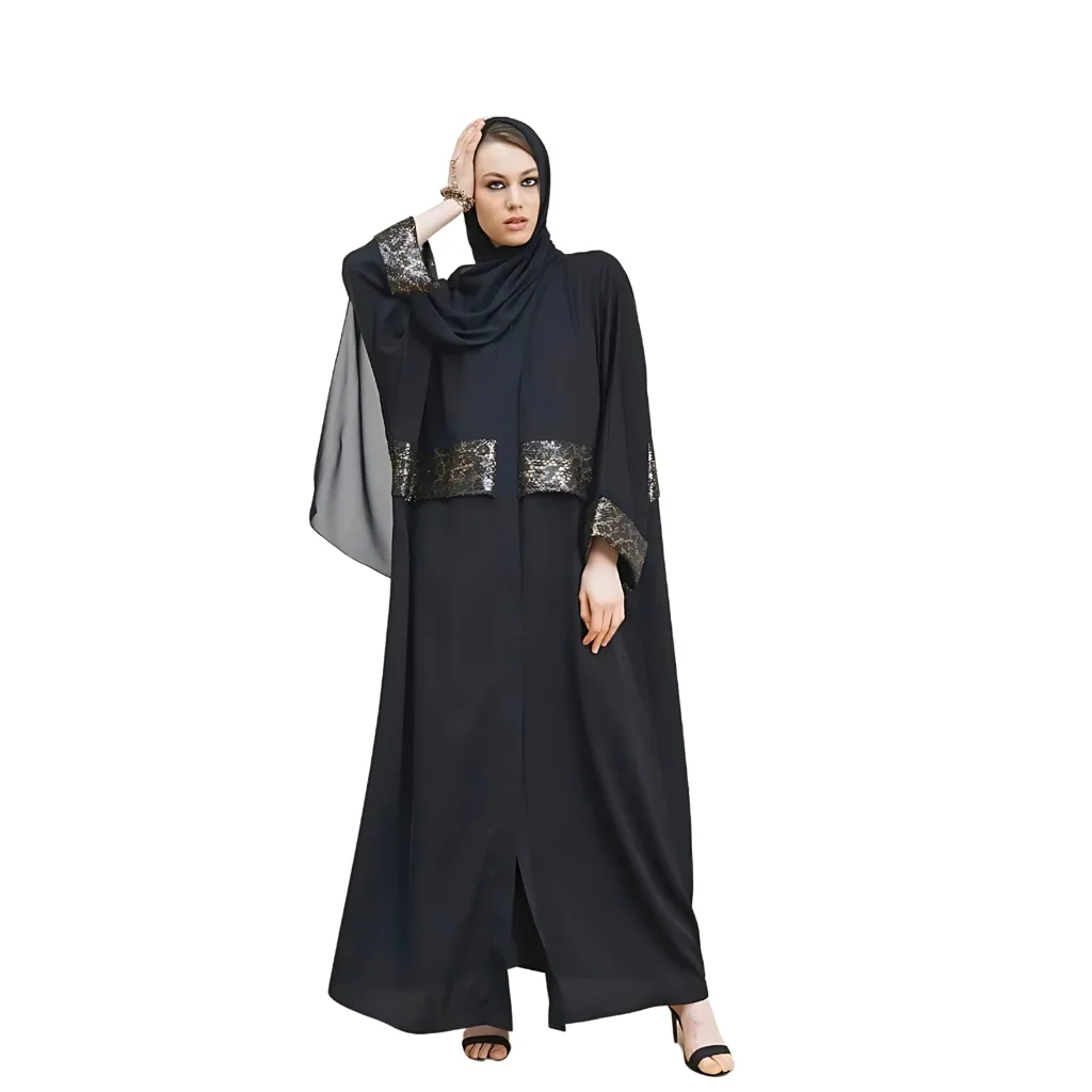 "Trendy structured abaya in rich navy blue with clean lines and a tailored fit, featuring a high neckline and minimalistic design"
