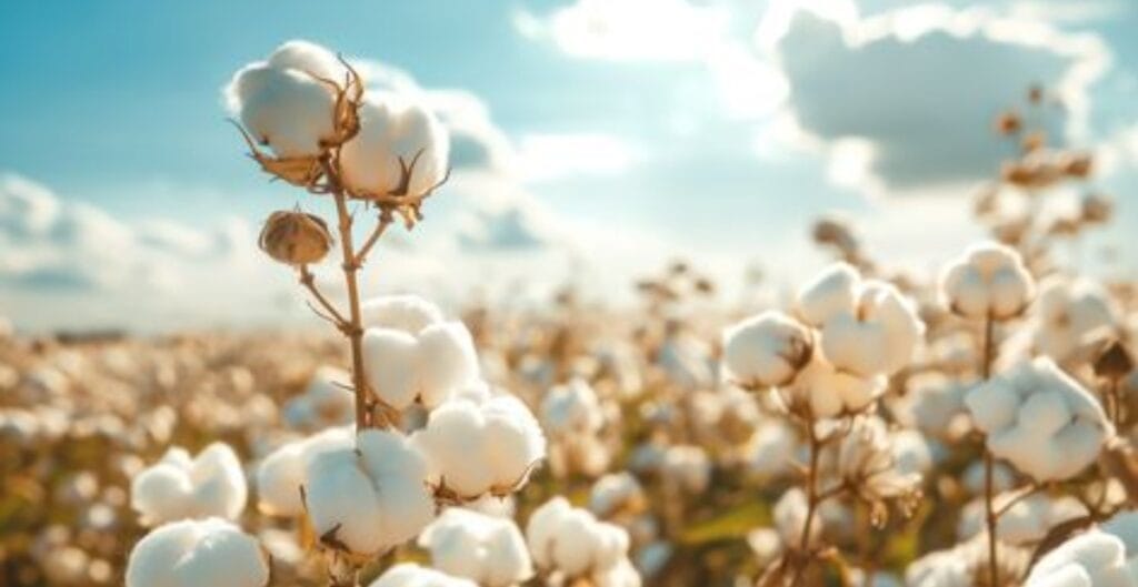 Cotton plants with fluffy white bolls in a field under a bright blue sky with scattered clouds. Products from the Cotton Plant