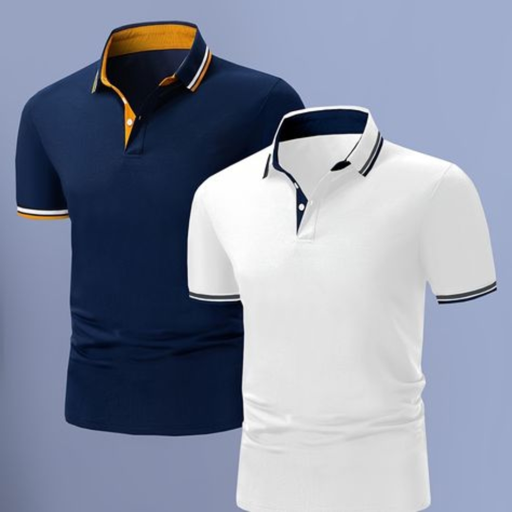 Two stylish polo shirts displayed against a light blue background: one navy with orange accents and one white with navy details.
smart sports wear