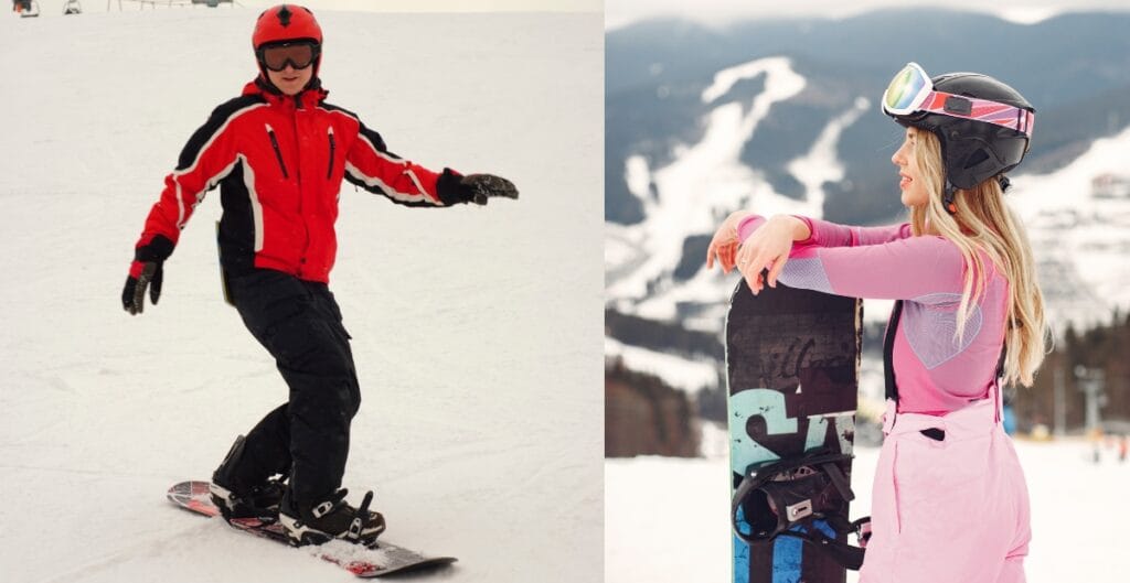 A man snowboarding in a red jacket and black pants on a snowy slope, and a woman in pink snow gear standing with a snowboard at a ski resort.