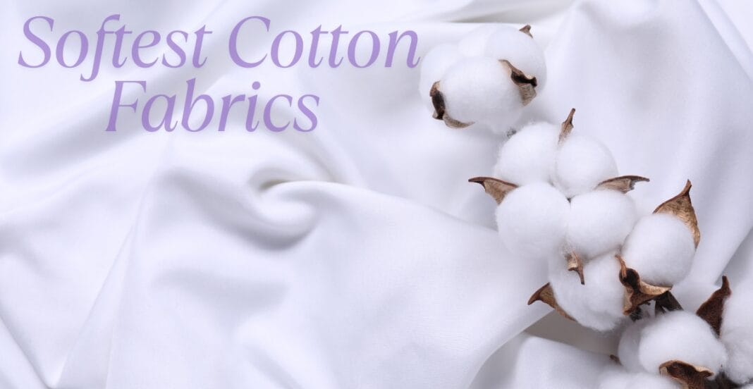 Soft white cotton fabric with cotton bolls on the side, featuring purple text that says 