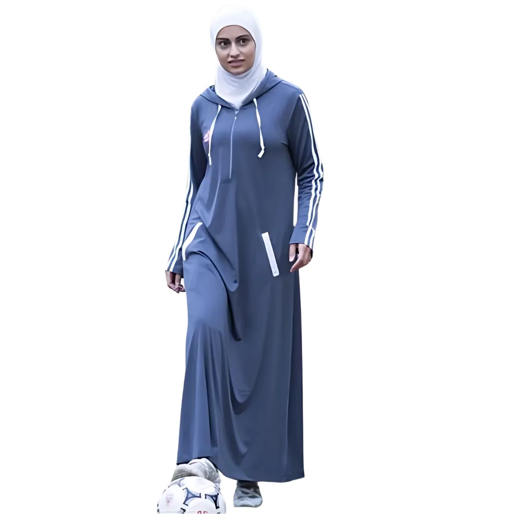 "Trendy sporty abaya in a vibrant color block design, featuring a relaxed fit, practical pockets, and breathable fabric."