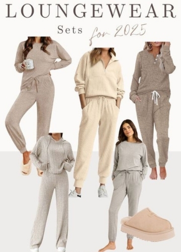A collage showcasing trendy loungewear sets for women for 2025. The images include various styles featuring soft fabrics and comfortable fits.