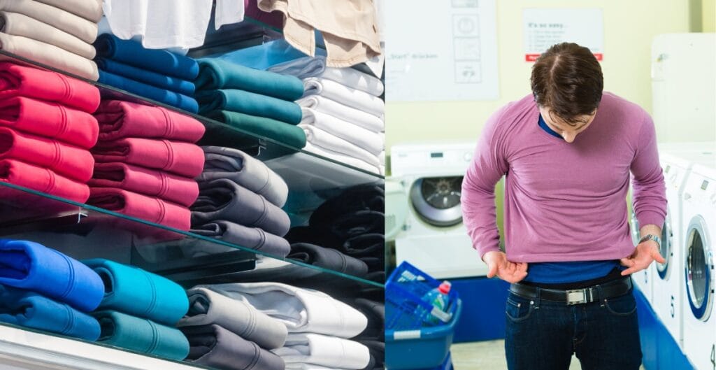 Folded hoodies on display in a store next to a man wearing a shrunken hoodie in a laundromat
