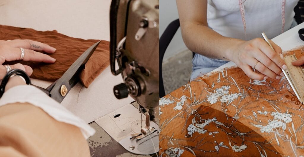 A person cutting brown fabric with large scissors beside a sewing machine, and another person measuring floral-patterned fabric with a ruler and pencil.