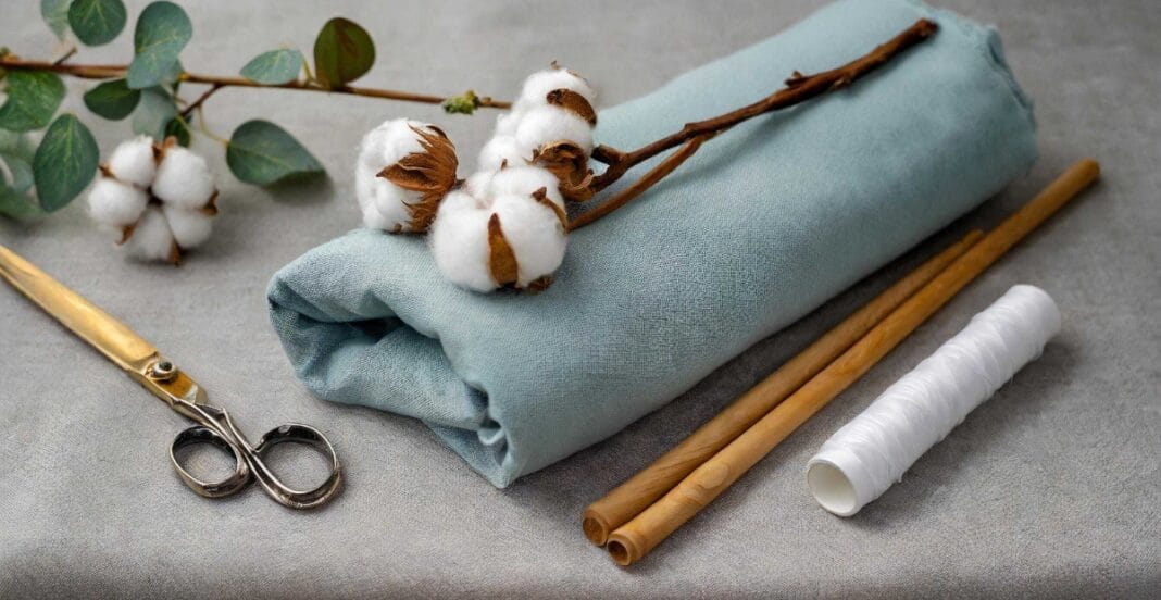 A neatly arranged collection of sewing supplies on a grey surface. It includes a branch of cotton with cotton bolls, a folded light blue fabric, two bamboo sticks, a spool of white thread, and a pair of decorative gold-handled scissors.