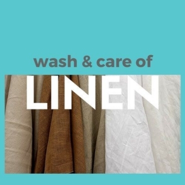 A collection of linon fabrics in various colors, including brown, cream, and white, with the text "wash & care of LINEN" prominently displayed.
