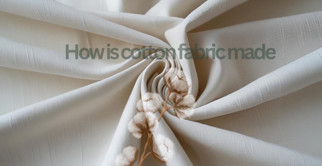 Close-up of a cotton plant with cotton bolls, illustrating the raw material used in cotton fabric production.