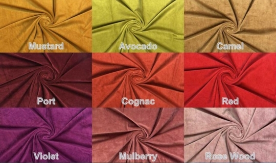A grid of nine different types of corduroy fabric in various colors, labeled as follows: Mustard, Avocado, Camel, Port, Cognac, Red, Violet, Mulberry, and Rose Wood.