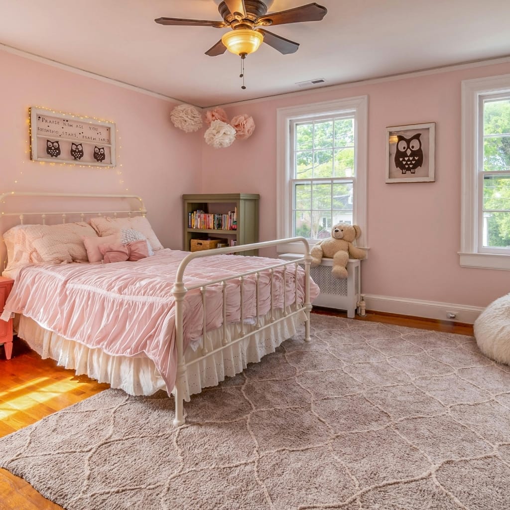 A cozy, well-lit bedroom with pink walls, a white metal bed frame with pink bedding, a plush teddy bear on a white radiator cover, and a small green bookshelf filled with books. There are two windows letting in natural light, a ceiling fan with a light, and black owl-themed wall art, with soft pink and white decorative ceiling pom-poms.