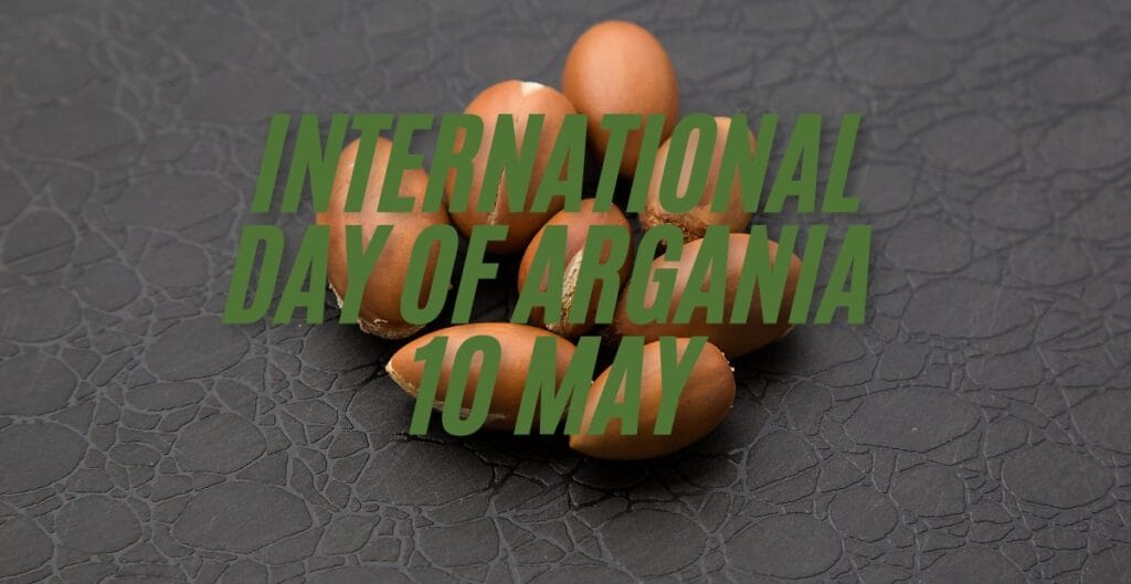 A cluster of argan nuts on a textured dark gray surface with bold green and orange text overlay reading "International Day of Argania 10 May."