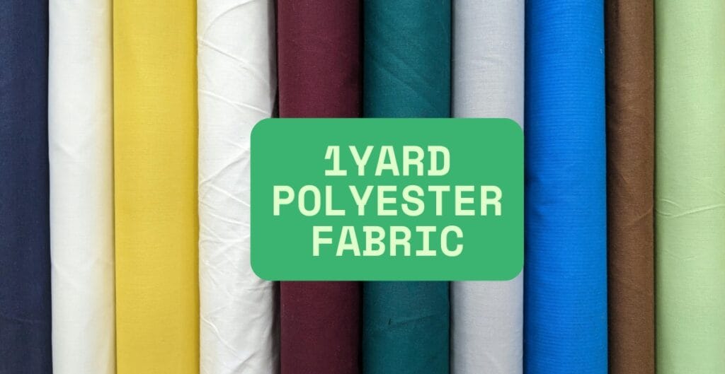 A display of various colorful polyester fabrics arranged in a row, with the text overlay "1 Yard Polyester Fabric" in bold purple and pink letters.