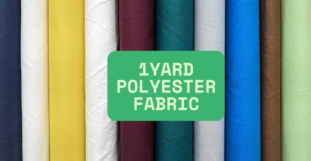 A display of various colorful polyester fabrics arranged in a row, with the text overlay 