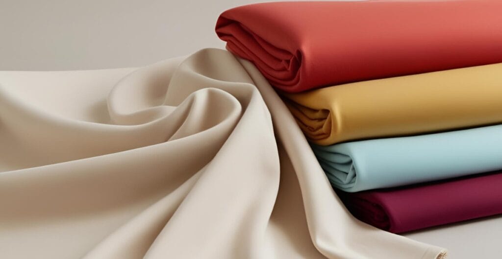 A selection of colorful 100% cotton apparel fabrics, folded neatly with some fabric draped loosely in front.