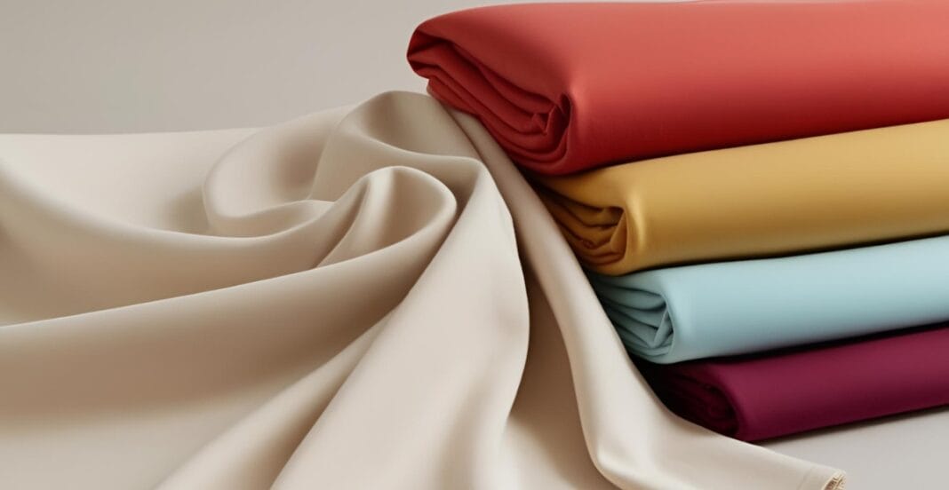 A selection of colorful 100% cotton apparel fabrics, folded neatly with some fabric draped loosely in front.