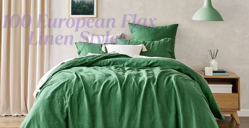 A neatly made bed with lush green linen bedding, including pillows and a duvet, in a cozy bedroom with cream-colored walls, beige curtains, and a small wooden bedside table. A framed picture hangs on the wall, and a green pendant lamp hangs from the ceiling.
