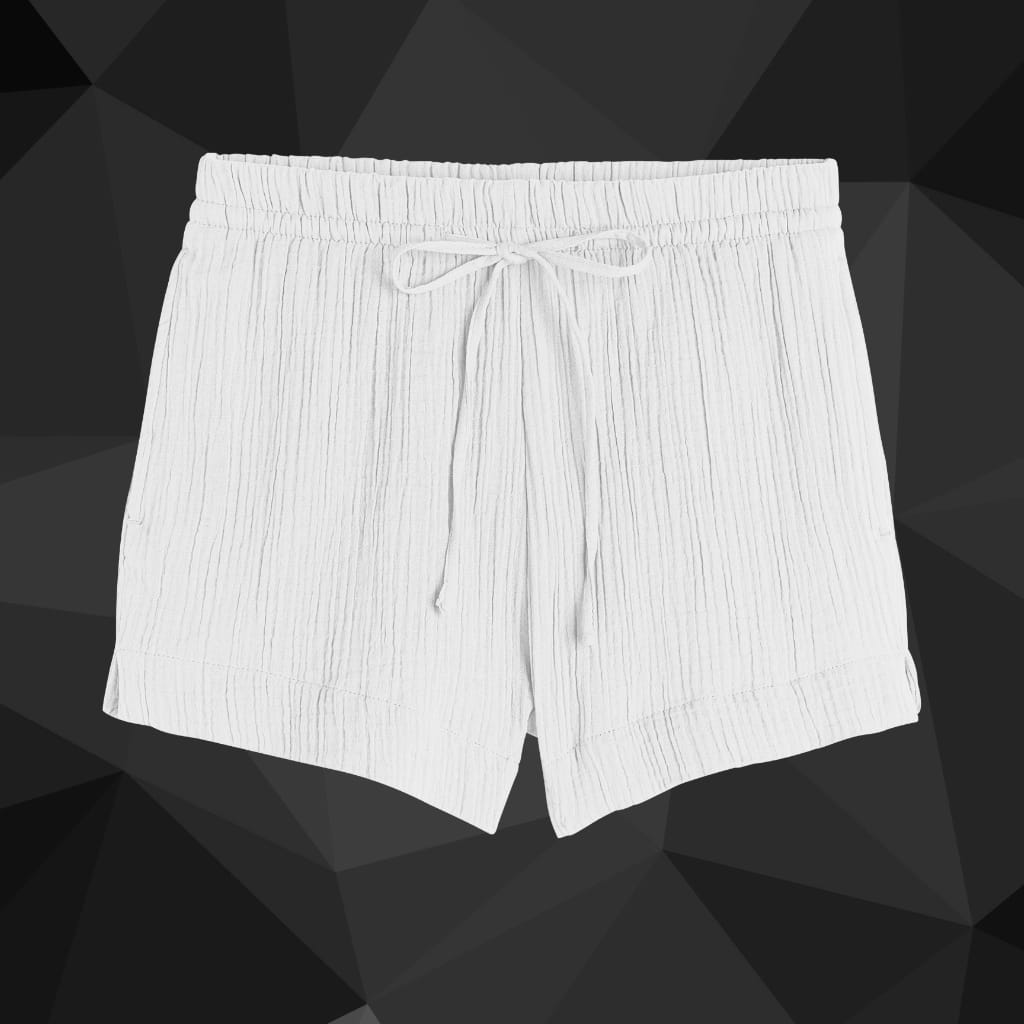 White textured shorts with an elastic waistband and drawstring, against a dark geometric background.