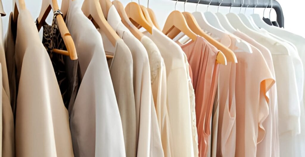 A clothing rack with pastel-colored, 100 percent cotton blouses and shirts hanging on wooden hangers.