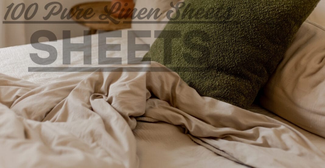 Close-up of a neatly arranged bed with a beige linen sheet and pillow, featuring a dark green textured pillow in the background. Overlaid text reads 