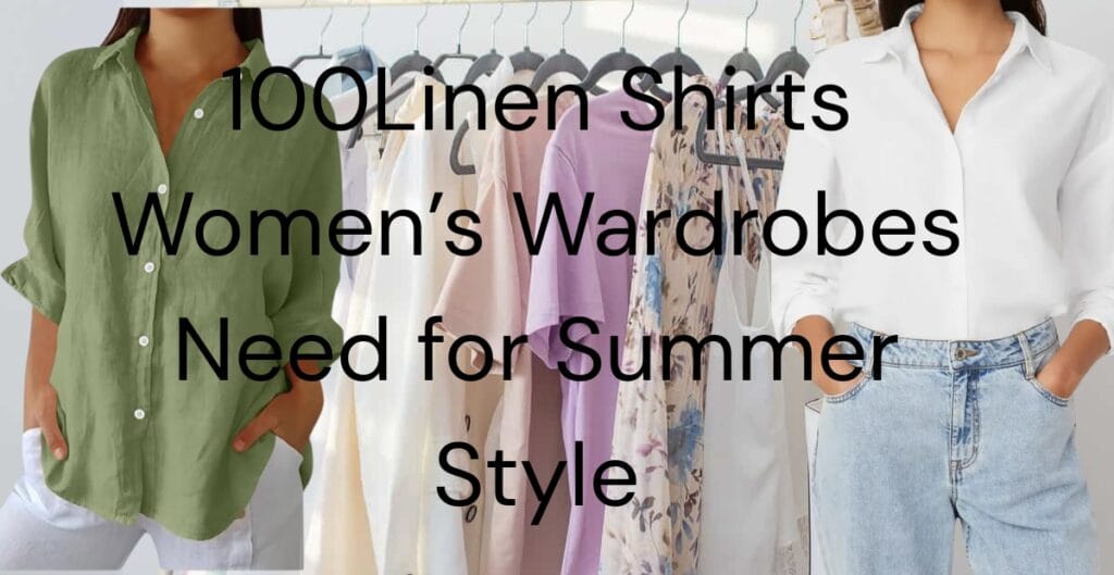Two women wearing linen shirts with a summer wardrobe background featuring pastel and floral outfits.