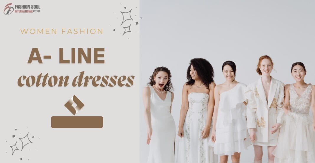 Elegant womans wearing a lightweight A-Line cotton dress outdoors. A-Line Cotton Dresses