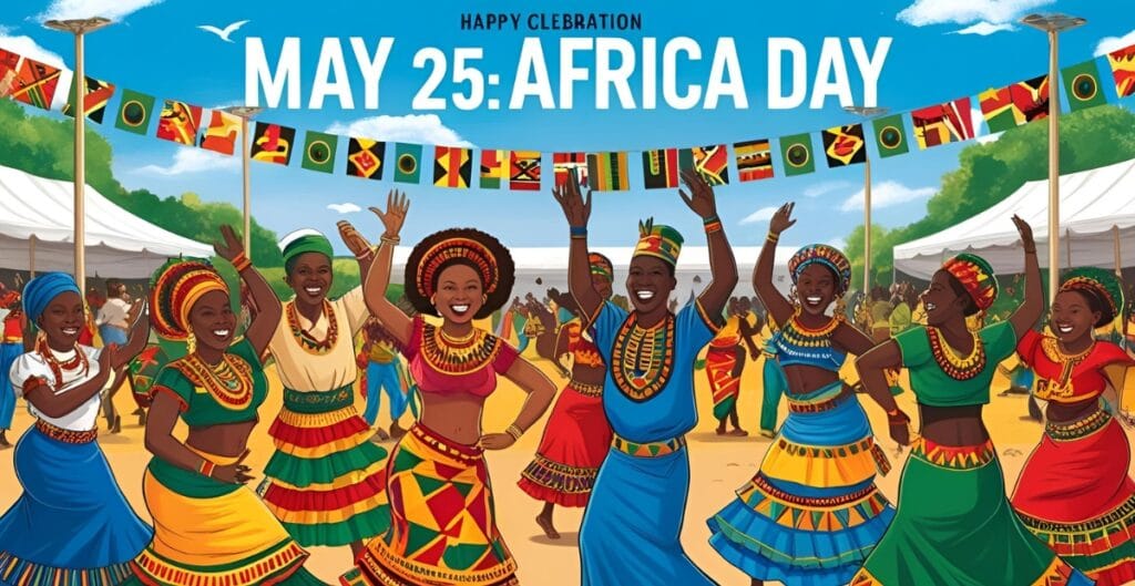 A vibrant celebration of Africa Day on May 25, featuring a group of smiling children in colorful traditional clothing dancing and cheering under a decorated sky, with flags hanging above and tents in the background.