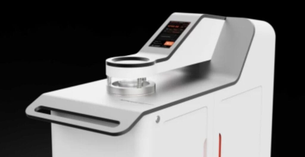 Modern air permeability tester with digital display and sample holder.