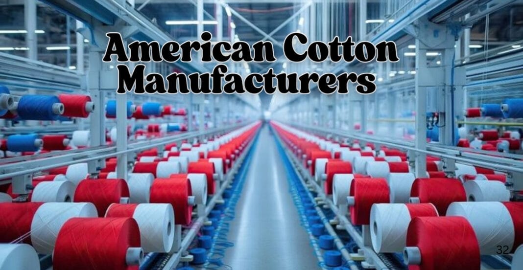 Interior view of a cotton manufacturing factory with numerous spools of red, white, and blue thread on industrial machinery, in a well-lit, modern textile production facility. How American Cotton Manufacturers