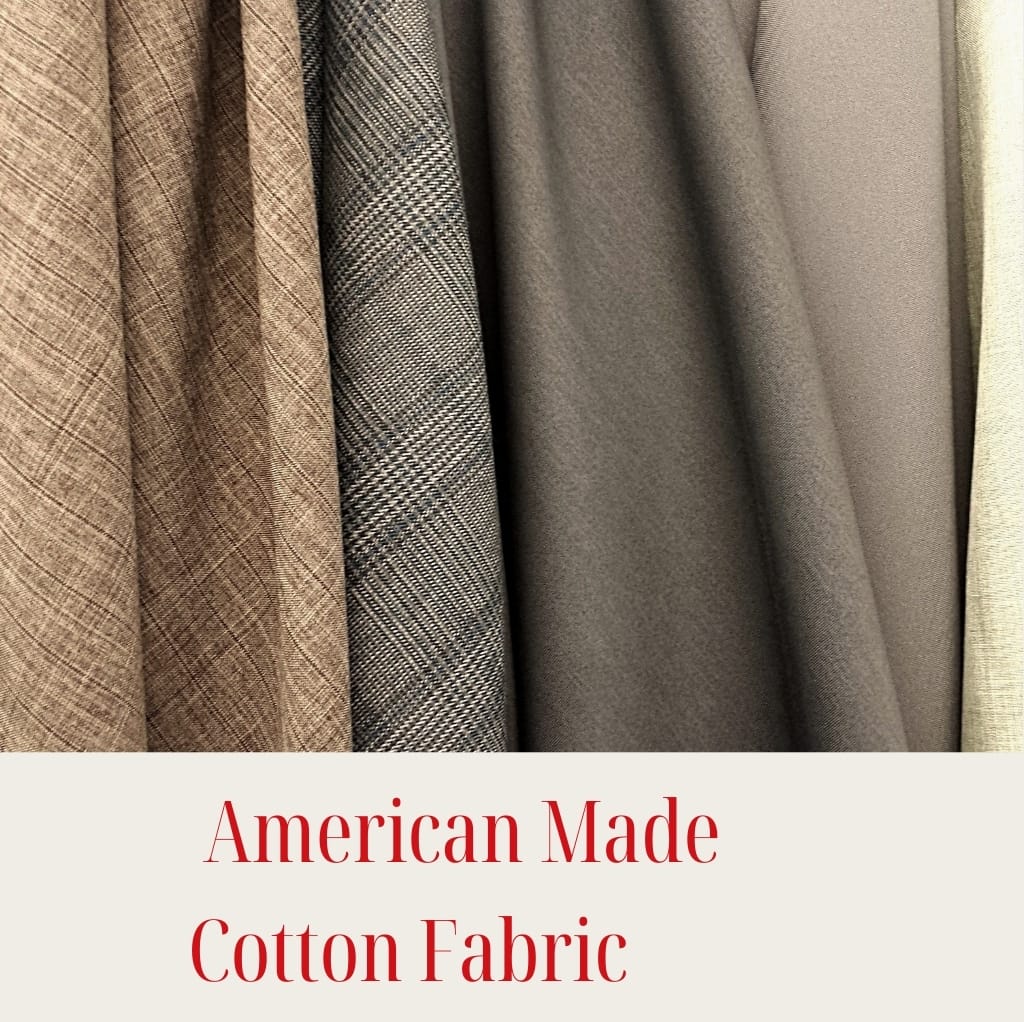 A close-up image of various fabric swatches in neutral tones, featuring different patterns and textures, with a text overlay that reads "American Made Cotton Fabric."