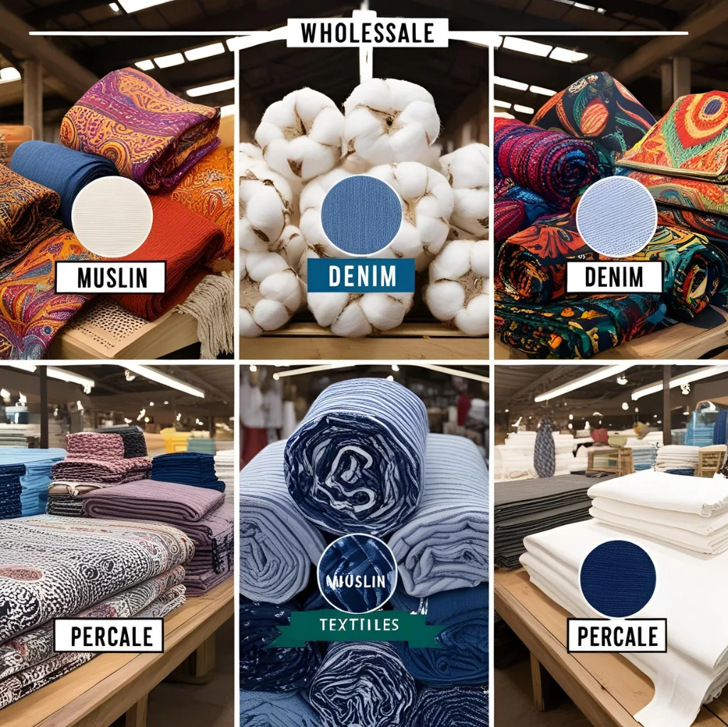 A display of various cotton textiles in wholesale, including printed muslin fabrics, denim, and percale, arranged on wooden shelves in a market setting with some rolls of fabric and cotton balls visible.