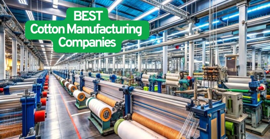 An expansive modern cotton manufacturing factory with multiple rows of industrial spinning machines and equipment, illuminated by bright overhead lighting.