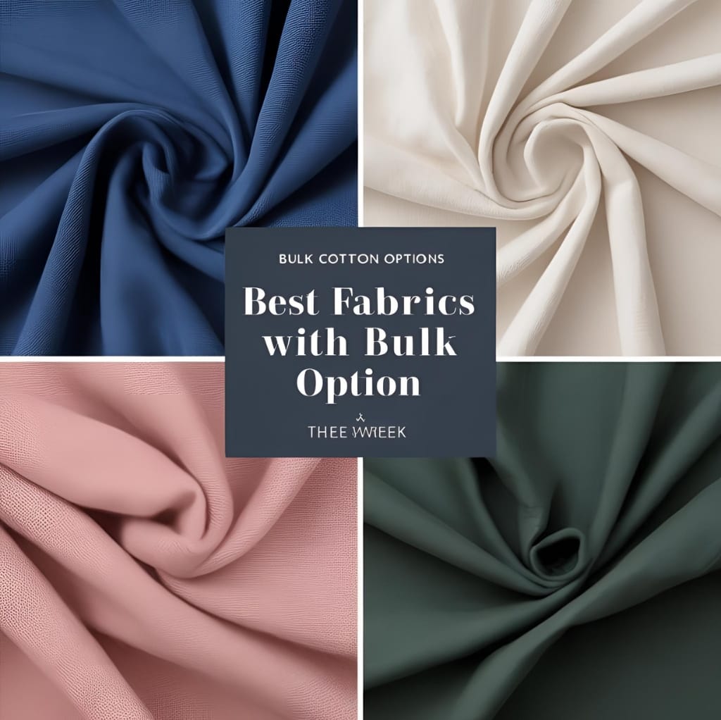 Collage of four fabric swatches in navy blue, cream, blush pink, and olive green, with a central dark blue box containing white text that reads: "Bulk Cotton Options - Best Fabrics with Bulk Option" and "Thee Week."