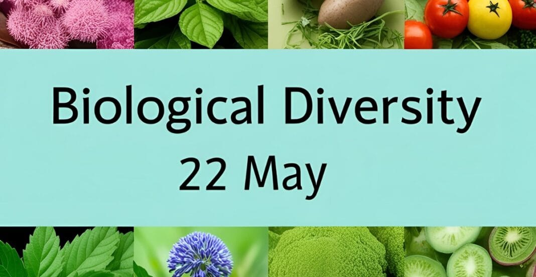 A colorful collage of various plants, vegetables, and flowers framing a central light blue rectangle with text.
