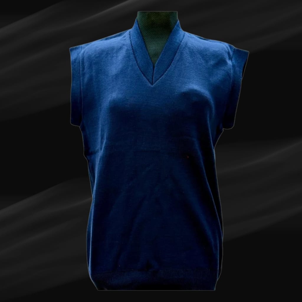 A dark blue, sleeveless, V-neck vest is displayed against a black background with subtle, diagonal light streaks.