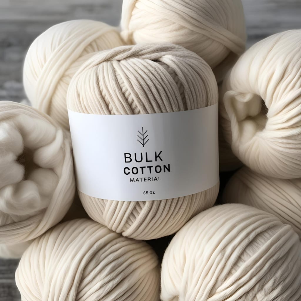 Bundles of cream-colored bulk cotton yarn arranged on a gray wooden surface, with one yarn ball prominently labeled "Bulk Cotton Material."