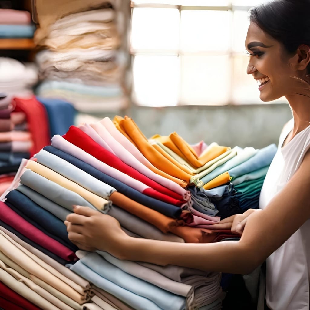 A smiling woman with dark hair is shopping for fabric, holding a large stack of colorful folded textiles in a well-lit room with shelves of fabric in the background.