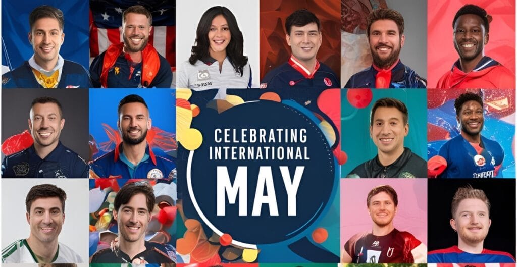 A collage of diverse athletes and sports figures surrounding a central circle with the text "Celebrating International May," representing various sports and cultures.