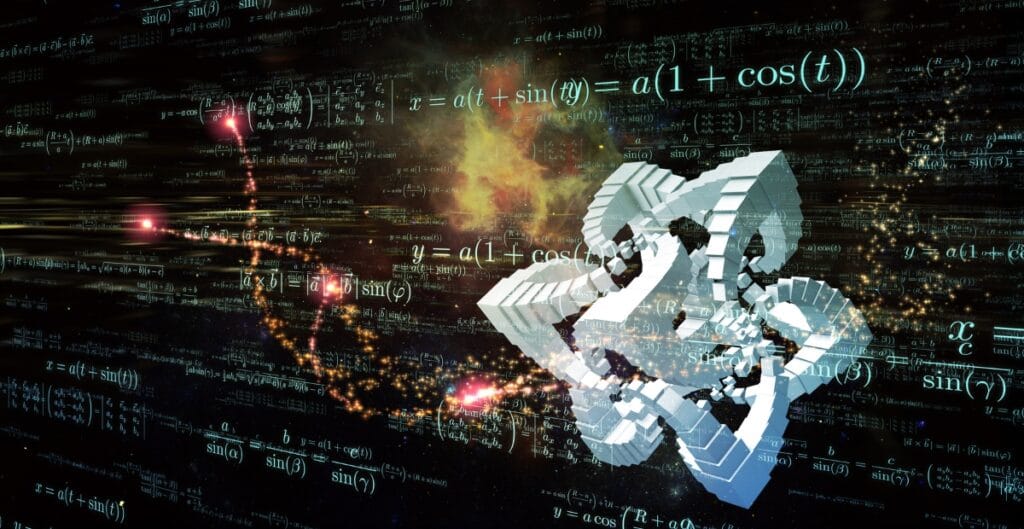 A digital abstract image featuring a complex 3D geometric shape amidst swirling mathematical equations and formulas, illuminated with streaks of light and glowing sparks.