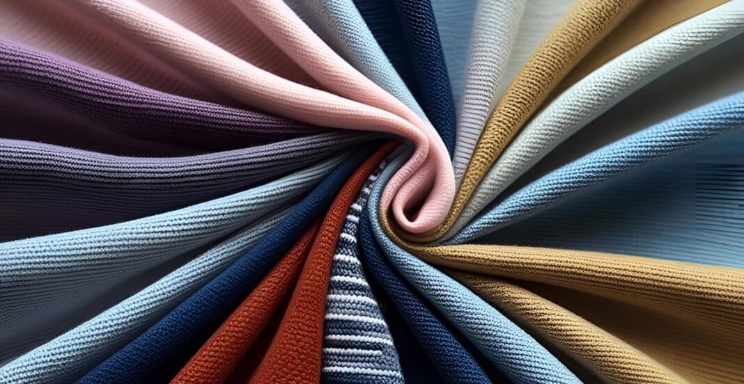 A colorful swirl of various knit polyester fabric swatches, showcasing different colors and textures.