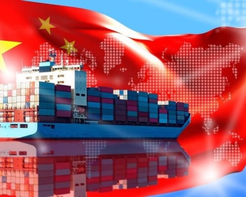 A large cargo ship filled with colorful containers sailing under a stylized Chinese flag with a digital world map in the background.