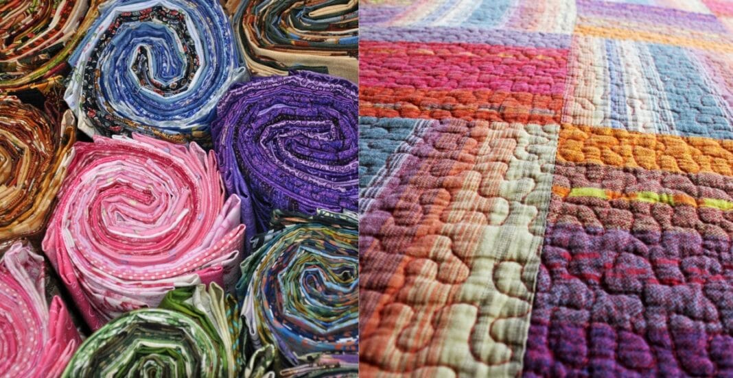 Left side: Rolled fabric pieces in various colors including pink, blue, purple, and multicolored patterns. Right side: Close-up of a quilt with vibrant, patchwork-style stitching in shades of pink, purple, orange, and blue.