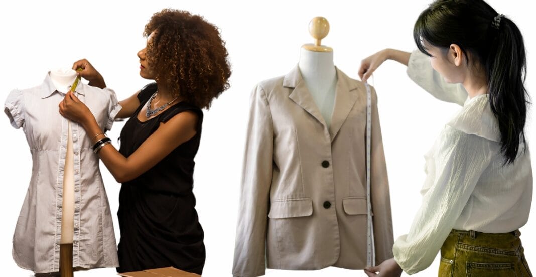 Two women measuring and designing clothing on mannequins — one adjusting a shirt and the other measuring a beige blazer — in a fashion design studio.